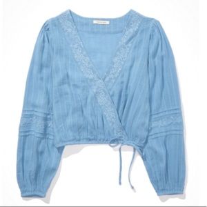 American Eagle Cropped Pale Blue Cropped Tie Waist Top